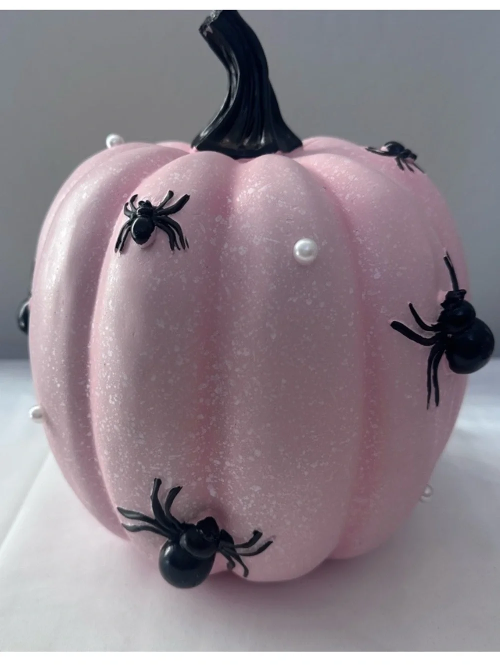 Pink Halloween Pumpkin Decor Black Spiders Faux Pearls 9.5” Tabletop